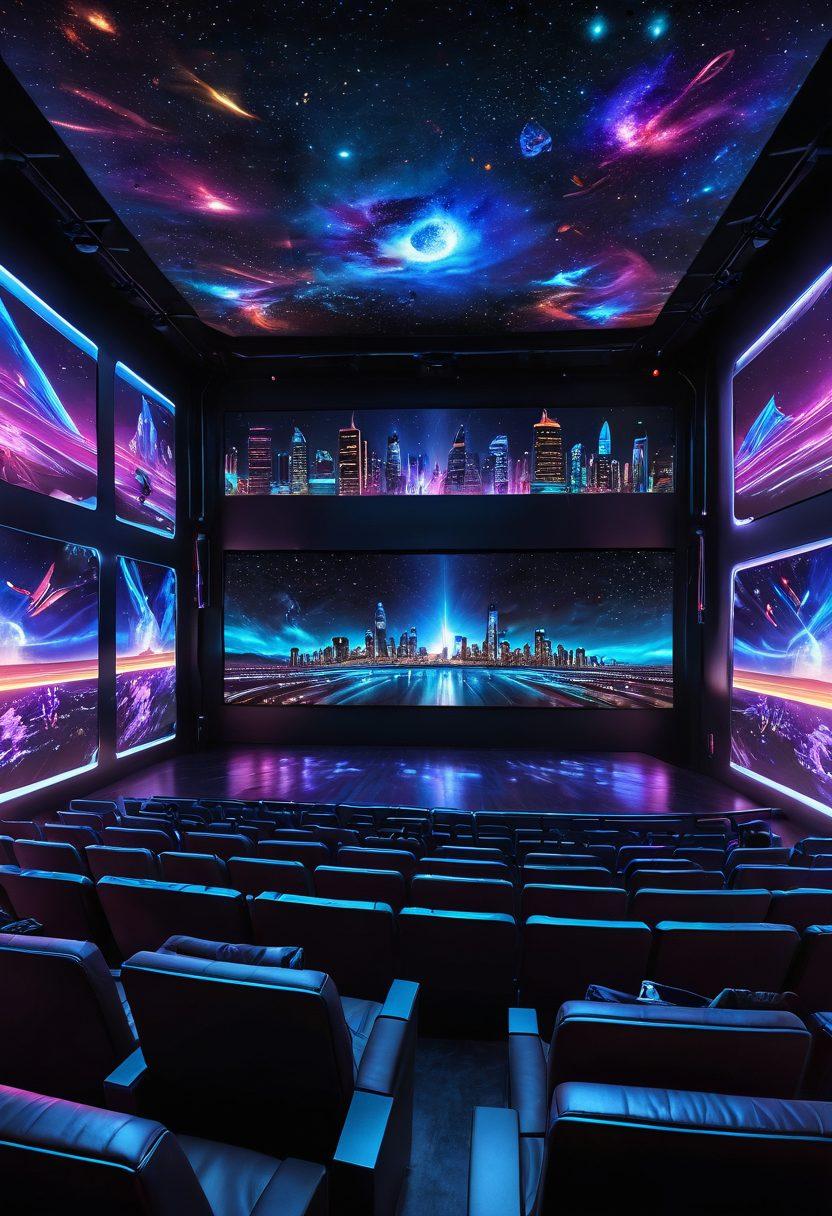 A futuristic cinema with a holographic screen showcasing vibrant film trailers, futuristic seating arrangements, and diverse audiences captivated by the experience. Include elements like drone cameras capturing the scene above, neon lights reflecting the upcoming trends in film technology, and a backdrop of a starry night sky. super-realistic. vibrant colors. cyberpunk.